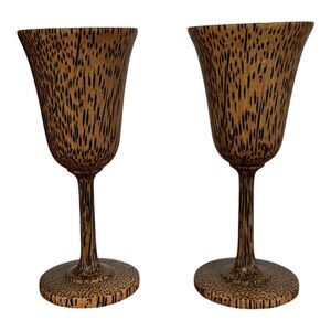 Tropical Palm Wood‎ Goblets Stemmed Wine Glasses Brown Black Pair Folk Art Tiki